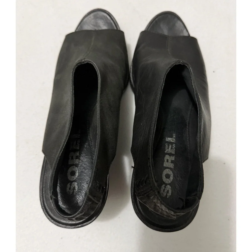 Sorel Joanie II Slingback Wedge Sandal Womens 8.5 Black  Leather Peep Toe